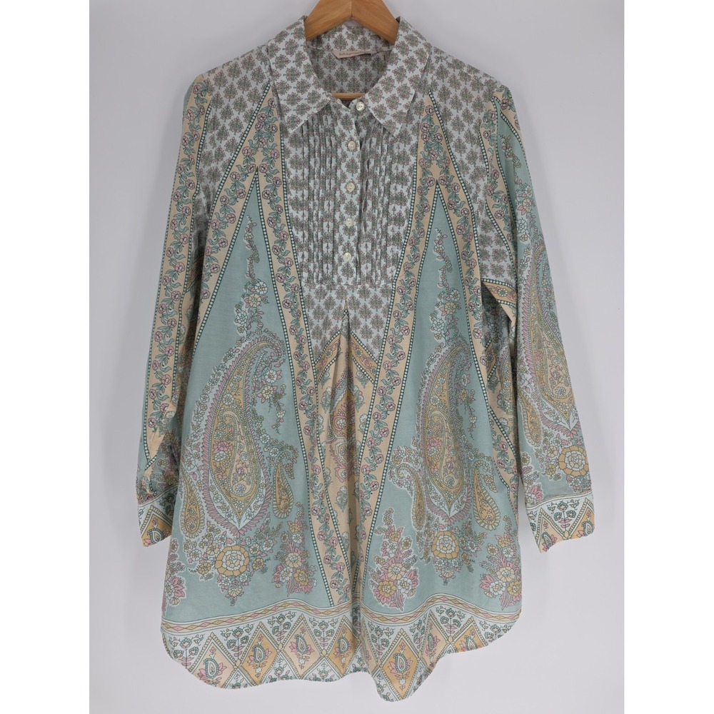 Women's Soft Surroundings Cotton Tunic Top XL Floral Tuxedo Pleats Boho Whimsy